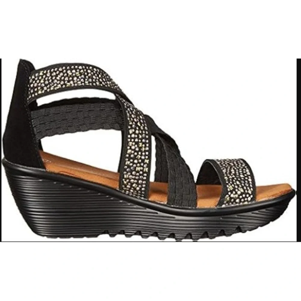 Bernie Mev Luscious Wedge Sandals Black Gold Studded Strappy Womens 41 10 NEW